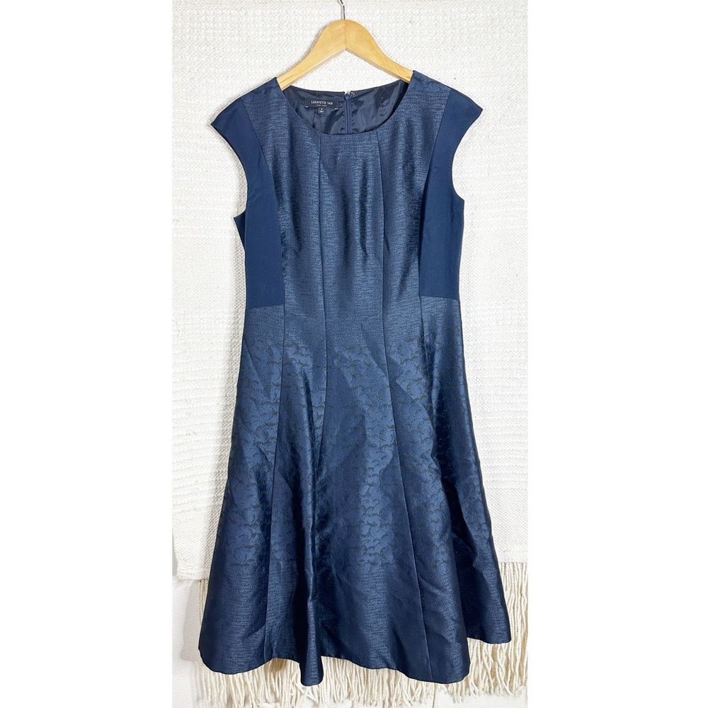 LAFAYETTE 148 navy blue jacquard panel sleeveless fit and flare formal dress 6